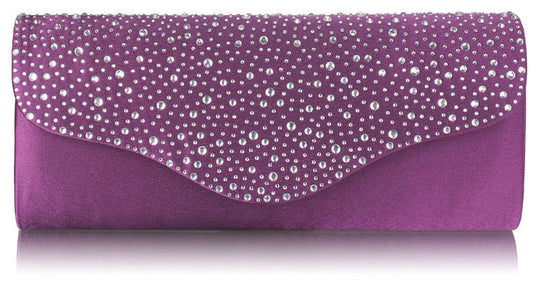 Purple Diamante Design Evening Flap Over Party Clutch Bag